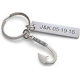 Custom Fish Hook Keychain Engraved Steel Tag for Couples Initials, Date Anniversary Gift Keychain