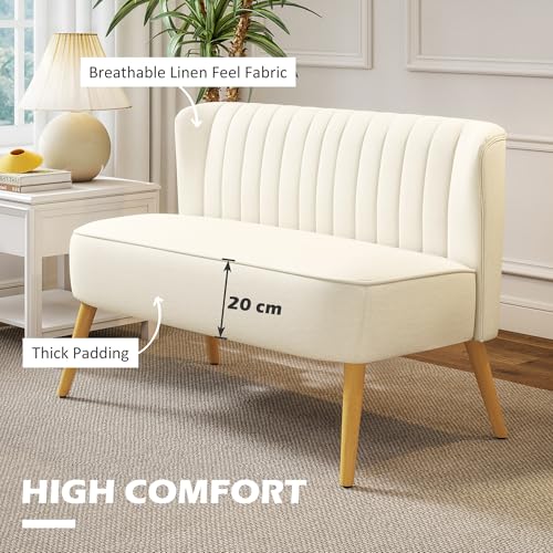 HOMCOM 46" Loveseat Sofa, Linen Fabric 2 Seater Sofa Couch with Thick Padded Seat and Rubber Wood Legs, Upholstered Small Couch for Living Room, Home Office, Cream White