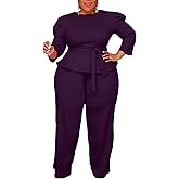 MRSFITOK Plus Size 2 Piece Wide Leg Pants Set for Women Casual Long Sleeve Shirt Long Pant Sets Sexy With Belt
