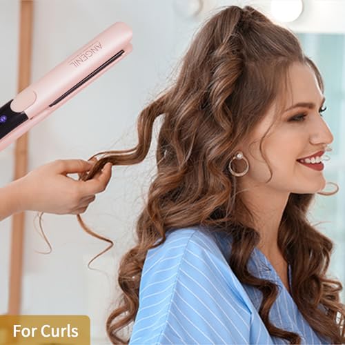 ANGENIL Pro Titanium Flat Iron Hair Straightener and Curler 2 in 1, Dual Voltage Hair Straightening and Curling Irons, Round Pink Hair Straightener with Heat Resistant Silicone Mat Tools, 15s Fast Heating