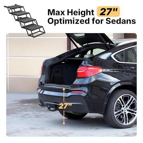 Veehoo 17" Wide Dog Stairs for Large Dogs, 4 Steps Foldable Dog Steps for Car SUV Truck, Heavy Duty Outdoor Pet Ramp Ladder with Detachable Non Slip Surface, Support Up to 200lbs