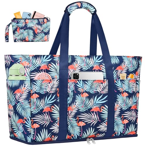 LUROON Large Women's Shoulder Bag, Corduroy Tote Bag with Zipper and Various Pockets University Bag Work Bag for Work Beach Travel School, Navy Blue Flamingos