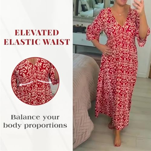 JUUCWOUT BOHEMIAN CASUAL PRINT V-NECK SHIRRED WAIST LONG DRESS, FLORAL WRAP 3/4 SLEEVE DRESS FOR WOMEN BLUE