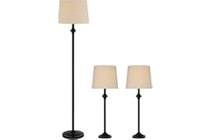 360 Lighting Carter Traditional 3 Piece Table Floor Lamp Set Black Metal Cream Fabric Tapered Drum Shade Decor for Living Room Bedroom House Bedside Nightstand Home Office Reading Family