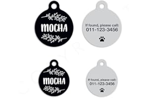 M&J Personlaized Circle Black Lost Pet Cat Dog ID Tag Collar Charm Custom Name Tag (Medium, Leaf)