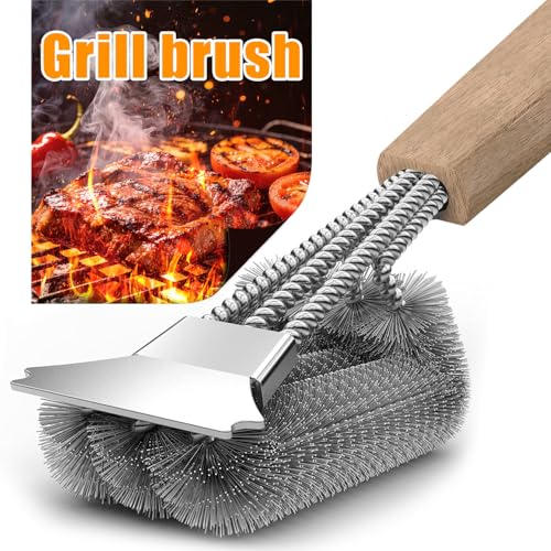 HAZENS Grill Brush with Wooden Handle, Cleaning Brush, Stainless Steel Scraper, Dense Stainless Steel Bristles, 39 cm Extra Long Wooden Handle, for Gas Grill, Charcoal Grill, Kettle Grill, Electric