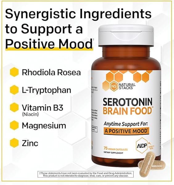NATURAL STACKS SEROTONIN BRAIN FOOD W/L-TRYPTOPHAN & RHODIOLA ROSEA – MOOD SUPPORT SUPPLEMENT – PROMOTES POSITIVE MOOD, CALMNESS, STRESS RELIEF – HAPPY MOOD & BRAIN SUPPORT SUPPLEMENT – 75 CAPSULES