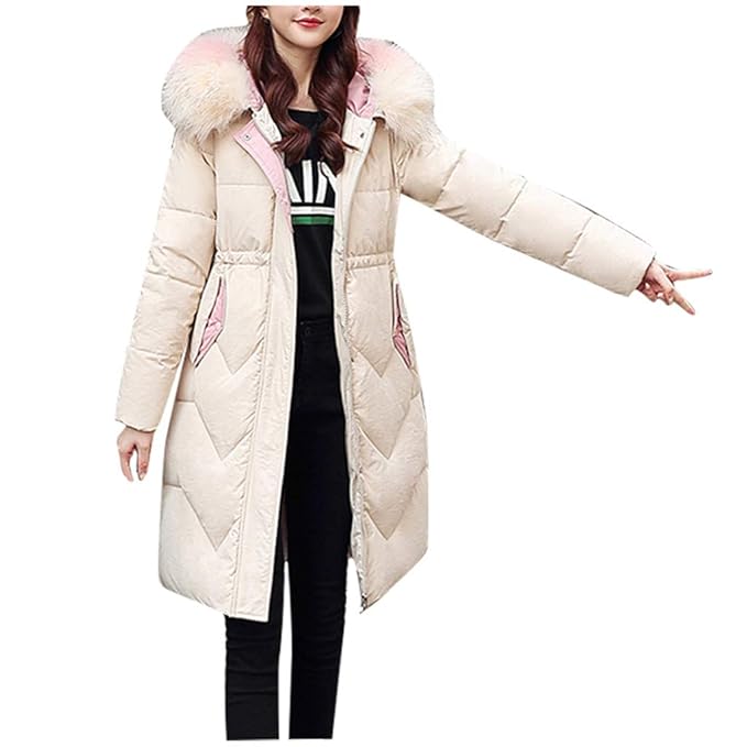 Donna Piumino Da Cappotto Con Cappuccio Collo In Pelliccia