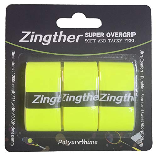 Zingther Premium Super Tacky Professional Grip Overgrip Tape Bulk Bundle Pack for Tennis Racket, Squash Raquet, Badminton Racquet, Racquetball Racket & Pickleball Paddle (Neon Lime Yellow, 12 Grips)