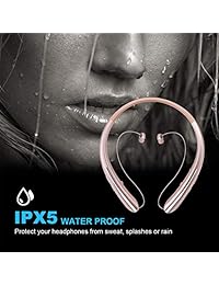 Auriculares retráctiles con Bluetooth, auriculares inalámbricos Auriculares con correa para el cuello Deportes con cancelación de ruido Auriculares estéreo con micrófono (12 horas de reproducción, alerta de vibración de llamada, rosa)