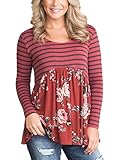 HOTAPEI Ladies Floral Printed Striped Babydoll Tunic Long Sleeve T Shirt Scoop Neck Casual Loose Peplum Tops Blouses for Women Red 1 X-Large