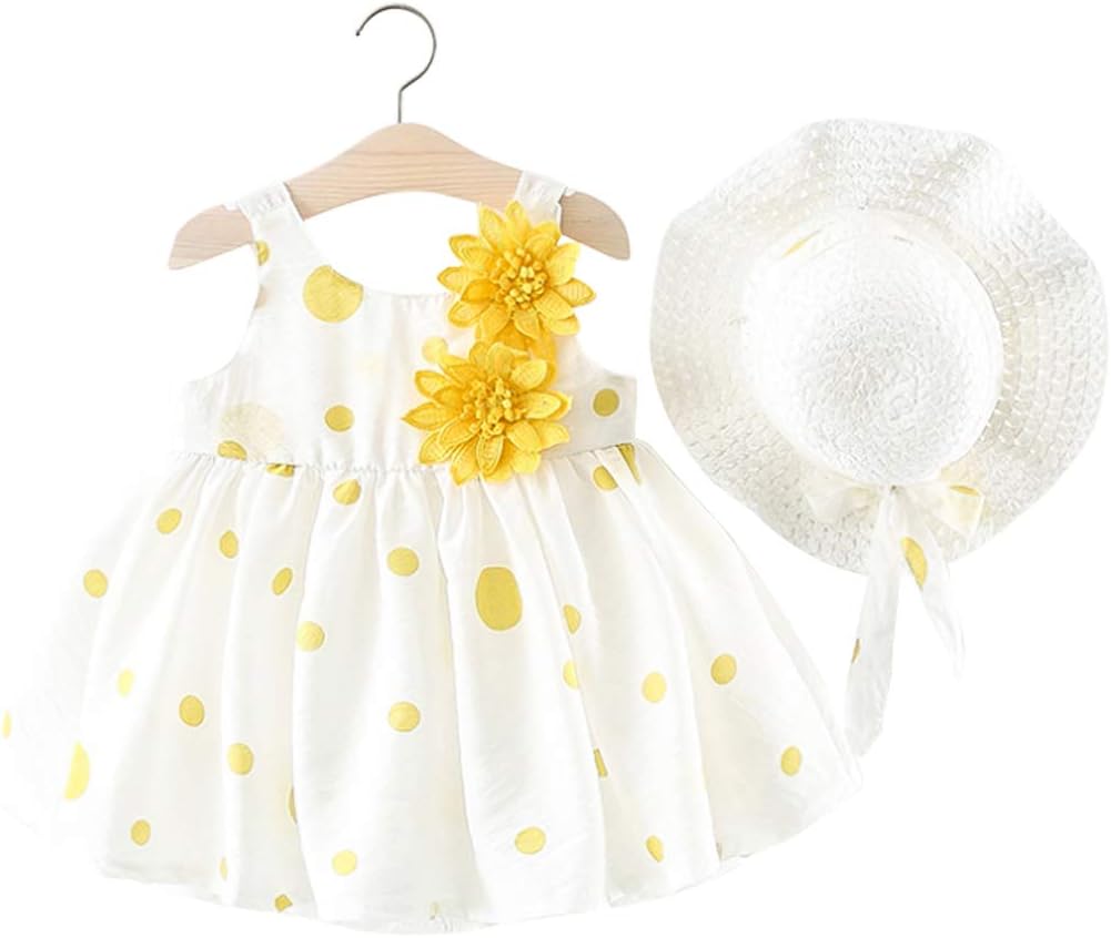 Baby Girls Floral Big Bowknot Sundress Dots Print Sleeveless Dress + Sun Hat Set