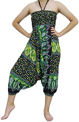 Loong Cha's Unisex 2 Type Harem Jumpsuit pants,Fine Art Print Smocked Waist &amp; Jump leg Version : I (BB1 Green)