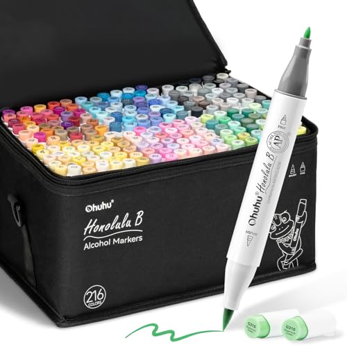 Ohuhu Marcadores Alcohol Pincel - Set Marcadores Doble Punta para Artistas Adultos Colorear Dibujar Ilustración - Punta Doble Pincel y Fina - 216 Colores - Honolulu B de Ohuhu - Tinta Recargable