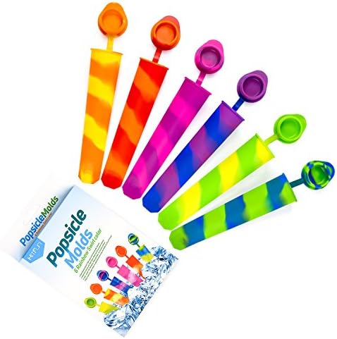 Silicone Ice Pop Molds with attached Lids,Colored Rainbow Swirl Popsicle Maker Molds,6 Vibrant Colors,Set of 6,by HITFUN