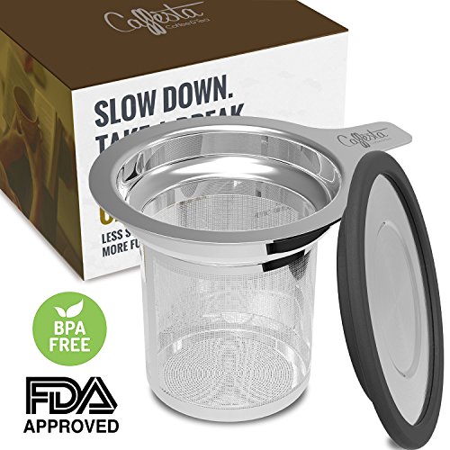 Click Here to See More Images Caffèsta 0.01 Inch Micro Hole Tea Infusers for Loose Tea w/ Silicone Lid - Single Basket for Mug Style, Stainless Steel