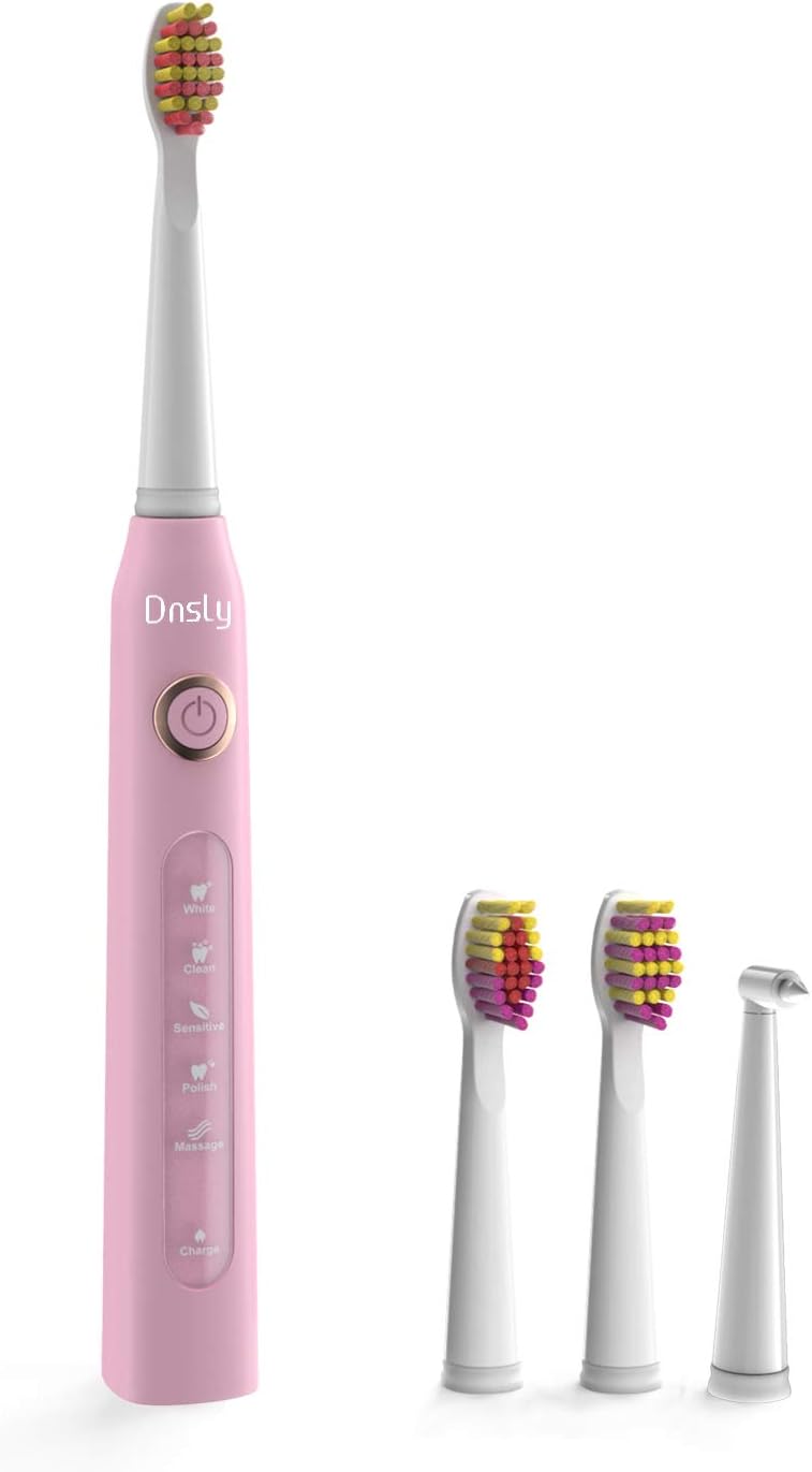 Electric Toothbrush Clean as Dentists, Rechargeable Sonic Toothbrushes Built-in Smart Timer and 5 Deep Cleaning Modes, with 3 Replacement Brush Heads, Waterproof, Pink