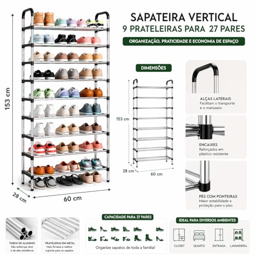 Sapateira Vertical em Alumínio, Preta | 9 Prateleiras, Para 27 Pares