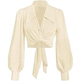 SweatyRocks Women's Button up Collar Cropped Shirt Long Sleeve Self Wrap Crop Top Blouse