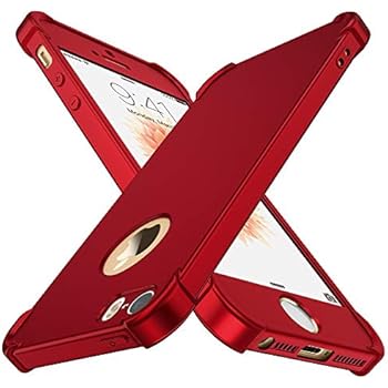 ORETECH iPhone 5 / 5S / SE Case,with [2 x Tempered Glass Screen Protector] 360° Full Body Ultra-Thin Shockproof iPhone SE /5S / 5 Cover Anti-Scratch Hard PC + Soft Silicone Rubber iPhone SE Case -Red