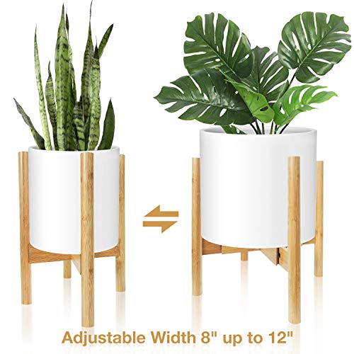 Plant Stand Indoor Mid Century, Bamboo Plant Pot Holder, Adjustable Width 8″ up to 12″, Modern Home Gardern Decor (Planter Not Included)