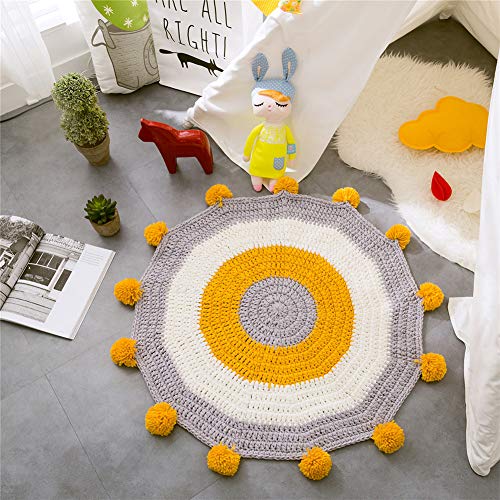 PinShang Hand Knitted Round Floor Mat with Plush Balls for Bay Window Sill Turmeric 80X80CM