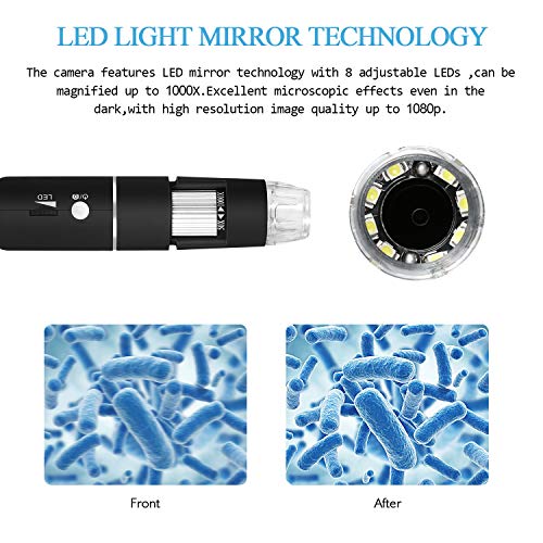 WiFi Digital Microscope, VSATEN Built in Wireless Microscope Camera 1080P HD 2MP 50x to 1000x Magnification Endoscope 8 LED Android, iOS, Smartphone, Tablet, Widows, iPad, Mac PC (Black) - Thumbnail 2