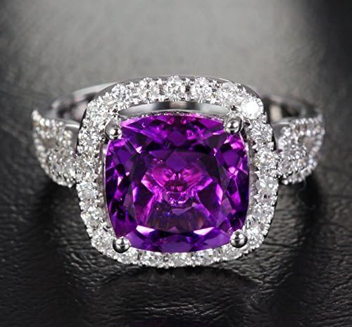 Solid 18k white gold promise ring,0.47ct SI-H diamond Engagement ring,3.85ct Natural Cushion VVS purple Amethyst,pave set