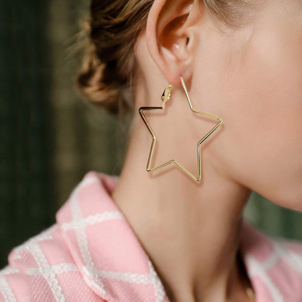 dnswez 14K Gold Plate Pentagram Hoop Earrings Five-pointed Star Brass Statement Earring for Girl Women