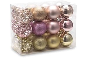 AUXO-FUN 2.36"/60mm shatterproof Christmas Ball Ornaments Tree Decoration Baubles Set of 24 Counts (Champagne，Queen Pink & Gold)