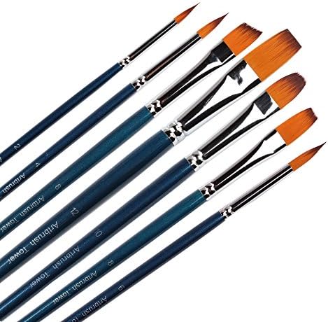 Painting Brush Set-7 Piece, Artist Quality Golden Nylon Hair, Art Brush Set for Oil ,Acrylic and Watercolor Painting,Long Handle