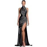 PLKF Halter Bridesmaid Dresses Long with Slit Satin Prom Dress Pleated Mermaid Formal Gown Evening Dress