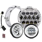 7 inch LED Headlight Fog Passing Lights DOT Kit Set Ring Motorcycle Headlamp Ring for Harley Davidson Touring Road King Ultra Classic Electra Street Glide Tri Cvo Heritage Softail Deluxe Fatboy-Chrome