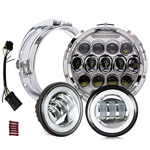 7 inch LED Headlight Fog Passing Lights DOT Kit Set Ring Motorcycle Headlamp Ring for Harley Davidson Touring Road King Ultra Classic Electra Street Glide Tri Cvo Heritage Softail Deluxe Fatboy-Chrome