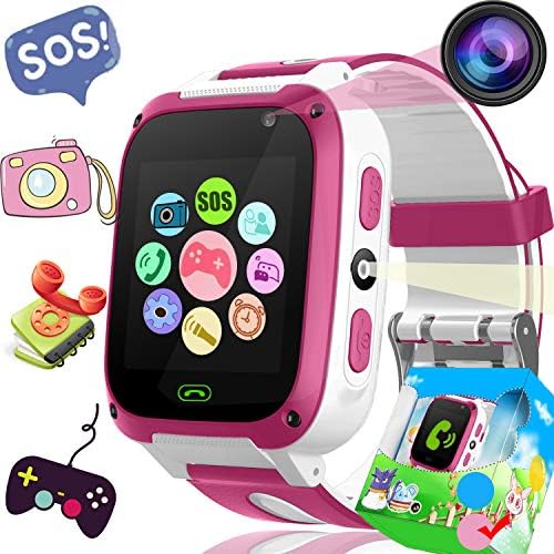 1.55" Kids Game Smart Watch Phone for Boy Girl Touch Screen Cellphone Watch with 9 Funny Games SOS Flashlight Alarm Wearable Phone Watch for Children Birthday Gifts Electronic Learning Toy (Pink)