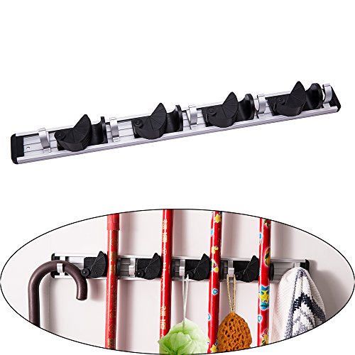Mop Broom Holder Wall Mount Aluminium Alloy Garage Broom Organizer and Garden Tool Storage Adjustable Towel Hook Rack 5 Position with 6 Hooks Good Life Improvement