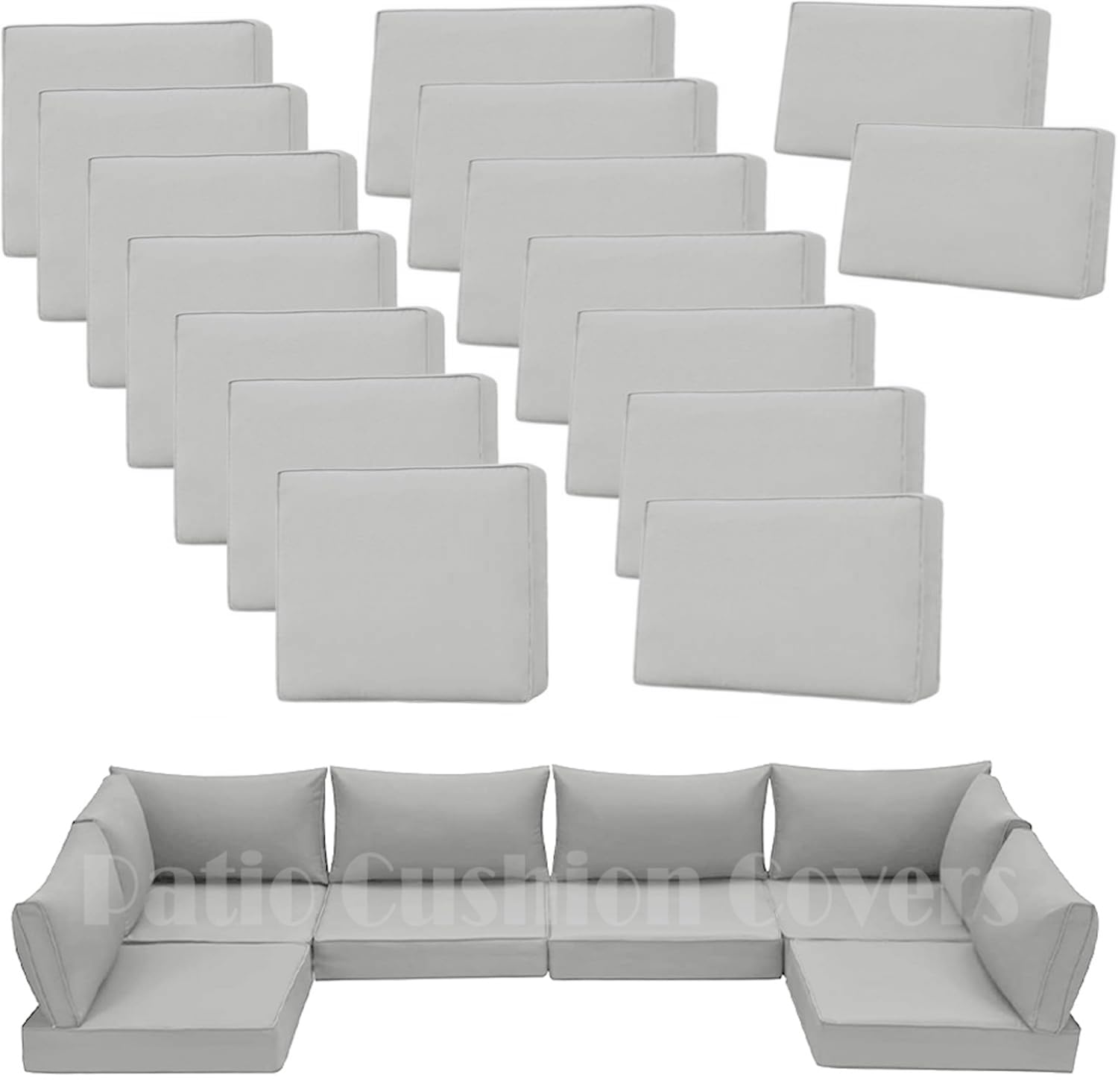 Photo 1 of 14Pcs Outdoor Cushion Covers Replacement Splashproof UV-Resistant Inelastic Covers with Zippers,25.6x25.6x4inch Patio Cushion, for 7 Pcs Outdoor Patio Furniture Sets (Light gray, 25.6 x 25.6 x 4 inch)