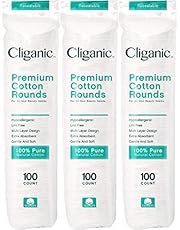 Cliganic Premium Cotton Rounds for Face (300 Count) - Makeup Remover Pads, Hypoallergenic, Lint-Free | 100% Pure Cotton