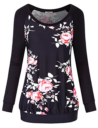 Cestyle Womens Floral Blouse, Women's Long Sleeve Raglan Shirts Juniors Crewneck Sweatshirts Flower Printed Tops Work Tunic Sweater with Sleeves Multi-Black Medium