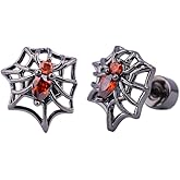 Punk 20g Spider Red CZ Web Screw Flat Back Small Stud Earrings for Women Men Unique Stainless Steel Black Animal Cartilage Tragus Piercing Studs Hypoallergenic Fashion Jewelry Halloween Party Gift