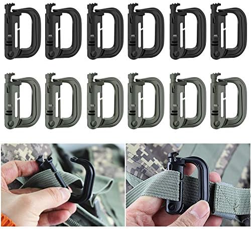 Aonal 12 PCs Mutipurpose D-Ring, Tactical Clip Grimloc Locking Hanging Hook for Molle Webbing, Mix Color (Black and Army Green)