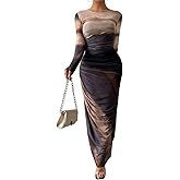 LIGHT DOT Women's Printed Bodycon Maxi Dress Long Sleeve Tie Dye Mesh Ruched Cocktail Dress