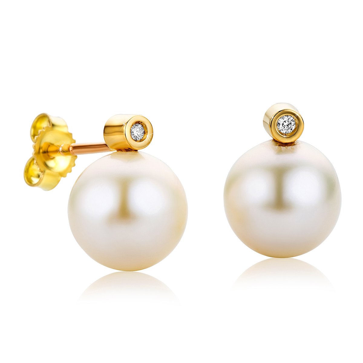 Orovi Yellow Gold Earrings for Women with Diamonds and freshwater Pearls in 18 Carat Gold, Hypoallergenic Earrings - Handmade studs with jewellery box