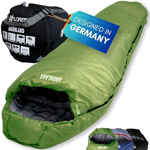 EXPLORER® Comfort XL Schlafsack -23°C -5°C [350GSM] 3-4 Jahreszeiten Winter Mumienschlafsack Schwarz für Erwachsene[2000g] 230x85x70cm kombinierbar, i