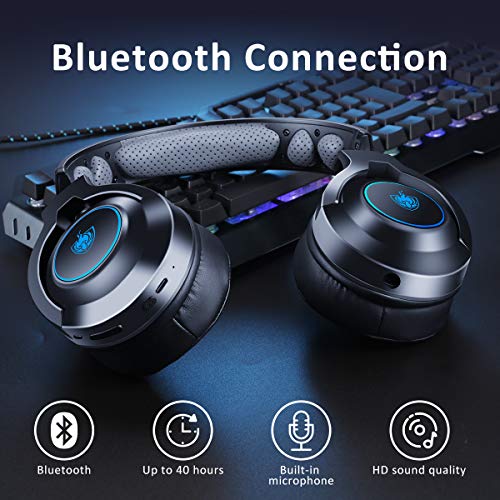 PS4 Headset, 7.1 Bass Surround Bluetooth Wireless Headset, Wired Gaming Headset with Detachable Noise Cancelling Mic for Xbox One, PC, Rotatable Ear Cups Soft Memory Earmuffs, LED Light - Blue