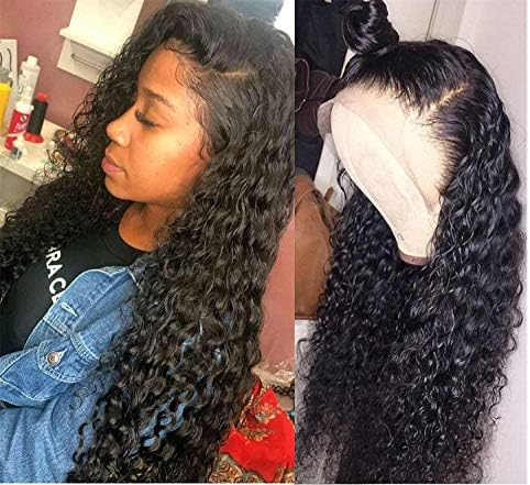 Deep Curly Lace Front Wigs Natural Hairline Long Synthetic Wigs with Baby Hair for Women Glueless Black Color Heat Resistant Fiber Hair Half Hand Tied 22inch