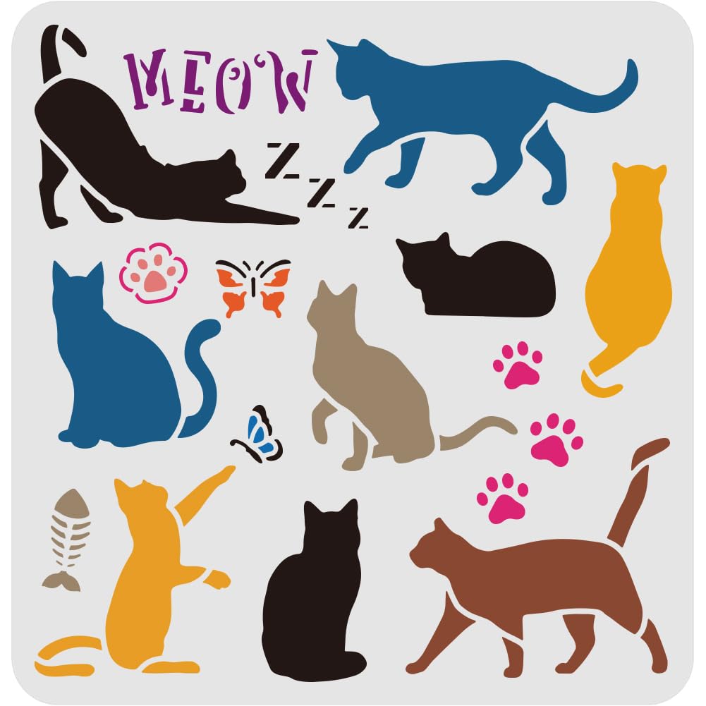 FINGERINSPIRE Cat Drawing Painting Stencils Templates 30x30cm Butterfly, Cat's paw,Butterfly, Fish Plastic Square Reusable Stencils for Painting on Wood, Floor, Wall and Fabric