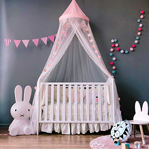 Dix-Rainbow Bed Canopy with Pom Pom Hanging Mosquito Net for Baby Crib Kids Twin Full Queen Size Bed, Lace Round Dome Fairy Netting Curtains, Kids Play Tent Reading Nook Castle Games House - Pink
