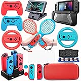 DACCKIT Accessories Kit Compatible with Nintendo Switch - Including Switch Joy-Con Wheel, Tennis Racket, Joy-Con Charging Dock, Grips, Caps, Compact PlayStand, Game Card Case, Protective Case