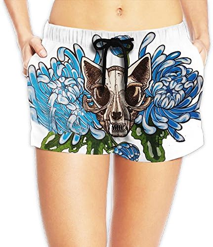 Blue Chrysanthemums Skulls Hot Sale Women's Shorts Beach Elastic 100% Polyester Elastic Waistband Shorts Pants Beach Shorts